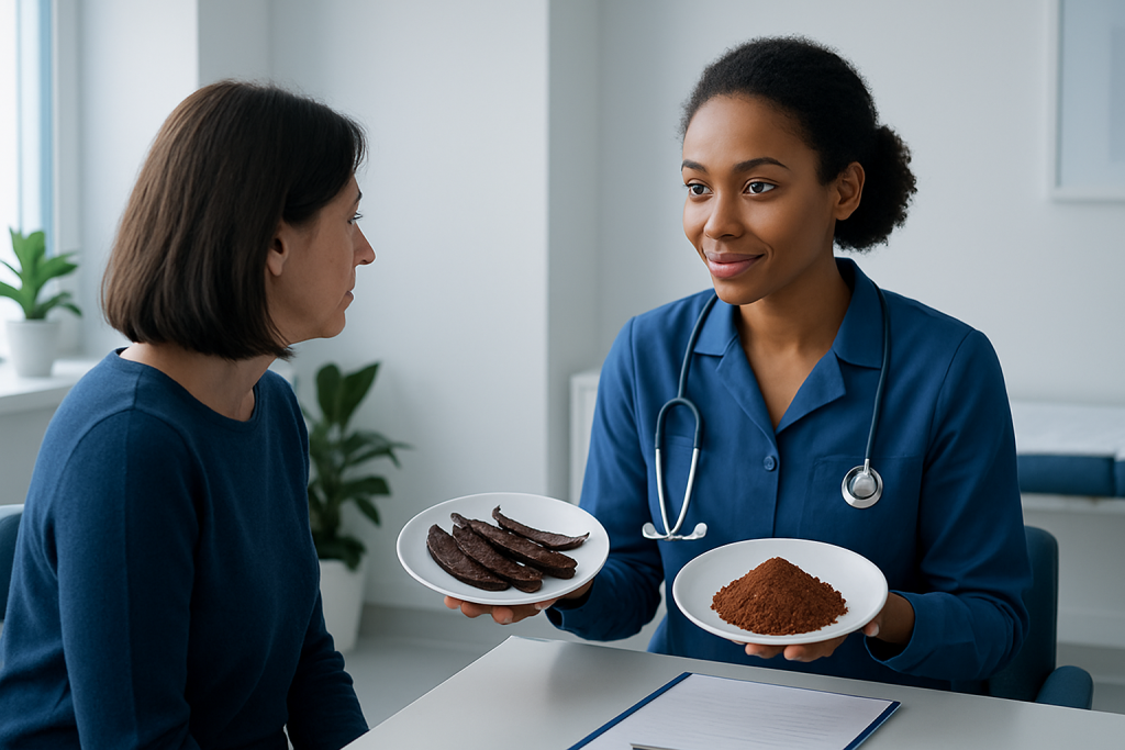 Healthcare professional showing dried carob pods and powder to a patient.