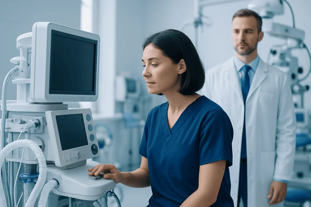 Medical professionals operating ventilator in hospital setting.