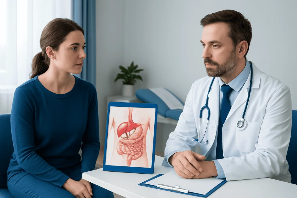 Doctor explaining digestive system to patient in a consultation room.