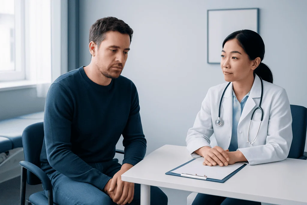 Doctor consulting with male patient in a medical office setting.