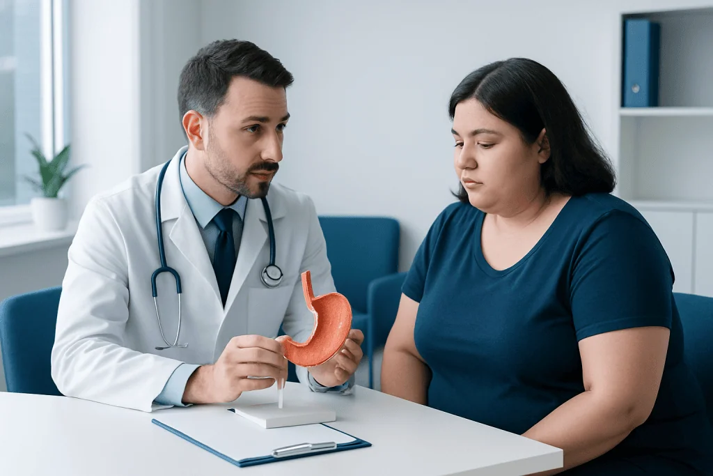 Doctor explaining stomach anatomy to a patient in a consultation room.