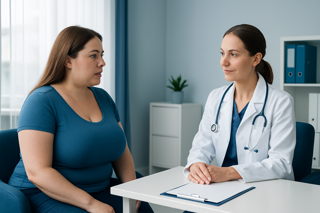 Doctor consulting with a patient about breast health in a medical office.