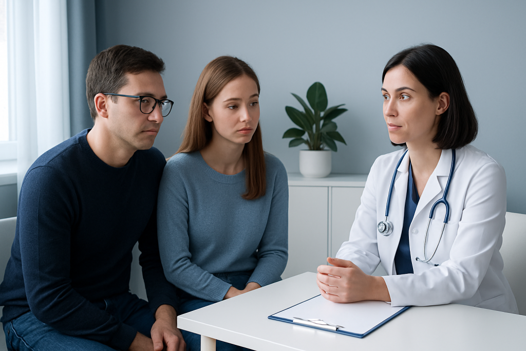 Doctor consulting with young patients about health concerns at Acibadem Hospital.