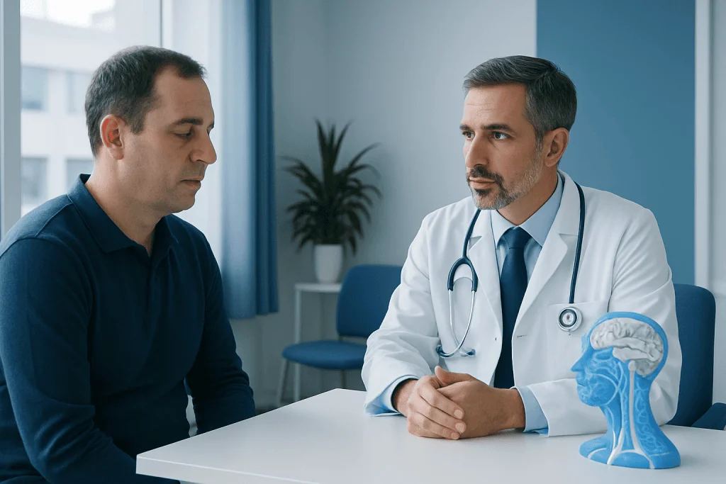 Doctor discussing sleep apnea with patient in a clinical setting.
