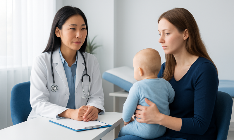 Pediatric consultation at Acibadem Hospital with doctor and mother with baby.
