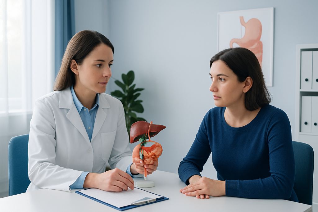 Doctor explaining liver and gallbladder to patient in consultation room.
