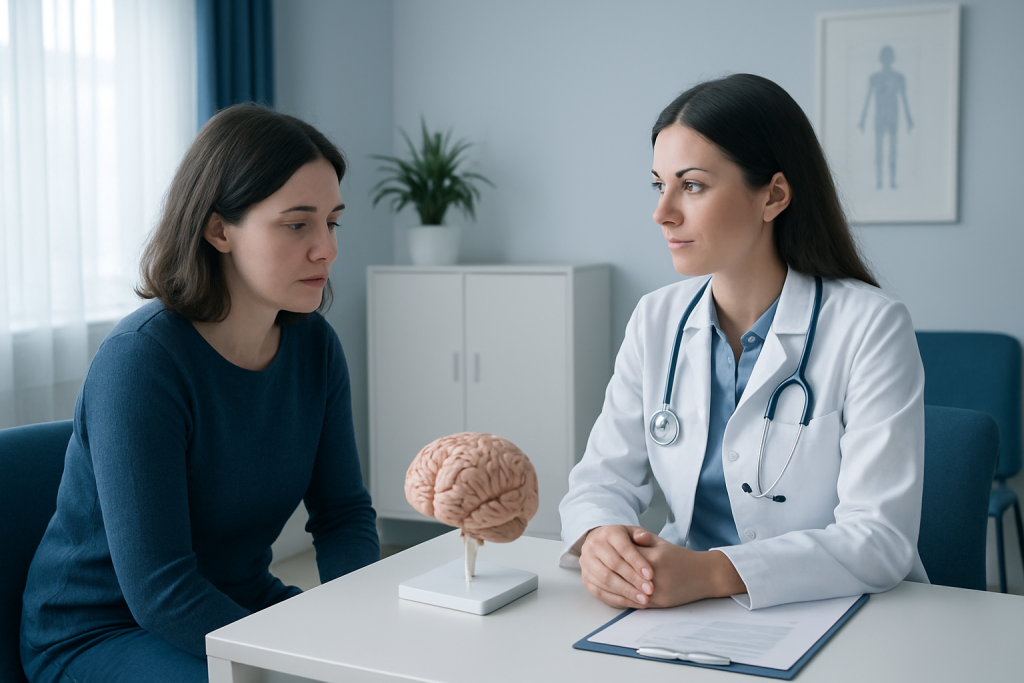 Doctor explains brain health to patient in a medical consultation room.