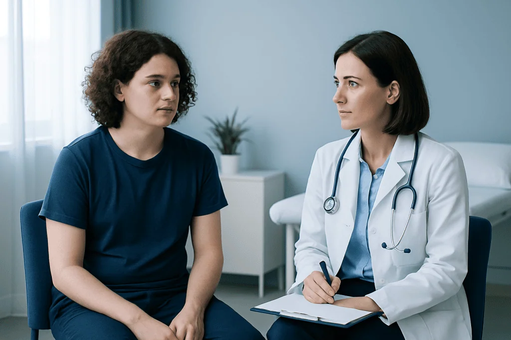 Doctor consulting with a young female patient in a medical office.