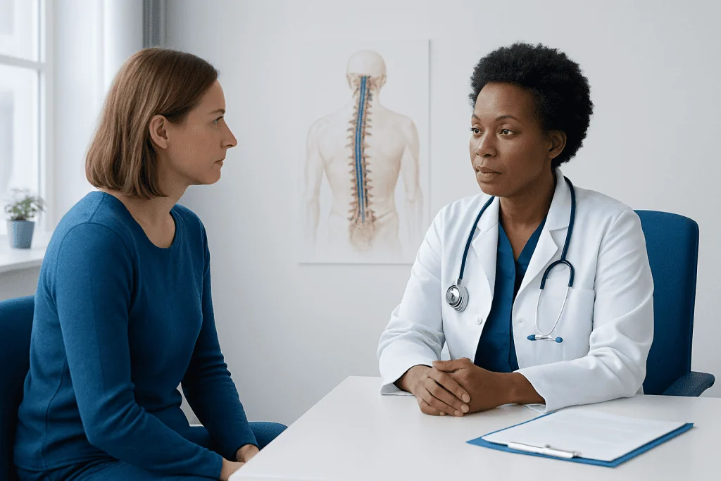 Doctor consulting with patient in a medical office with spine diagram in background.