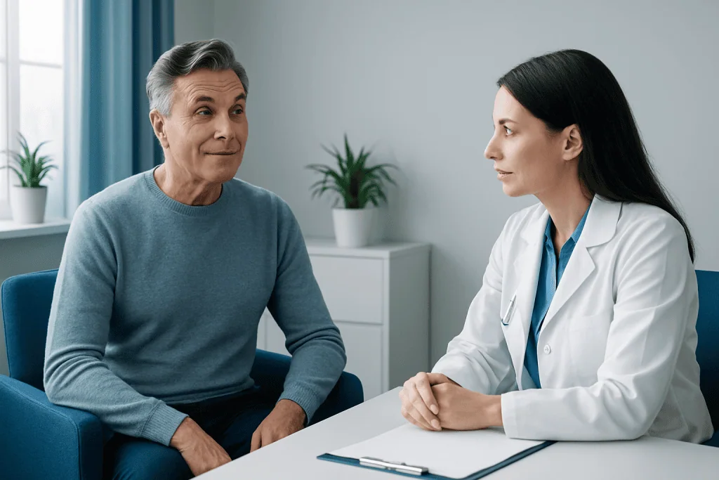 Doctor consulting with an elderly male patient in a modern clinic setting.