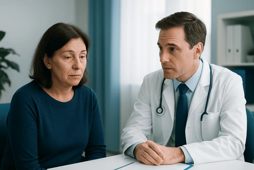 Doctor consulting with a middle-aged woman in a medical office.