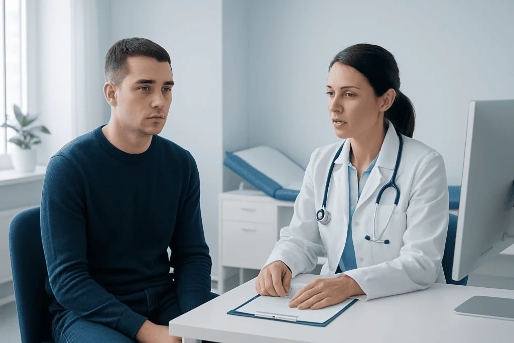 Doctor consulting with a young male patient in a medical office.