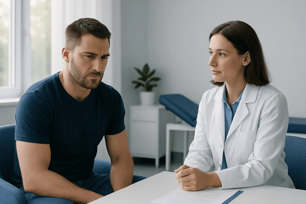 Doctor consulting with a male patient in a medical office setting.