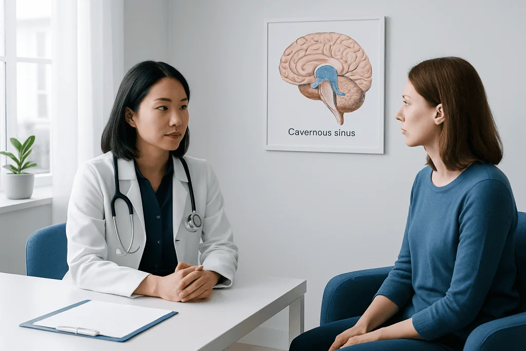 Doctor consulting with patient about cavernous sinus in a medical office.