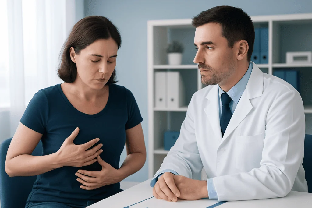 Doctor consulting with a woman experiencing chest pain in a medical office.