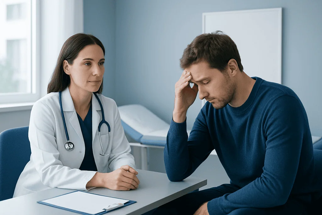 Doctor consulting with a patient experiencing stress or confusion.
