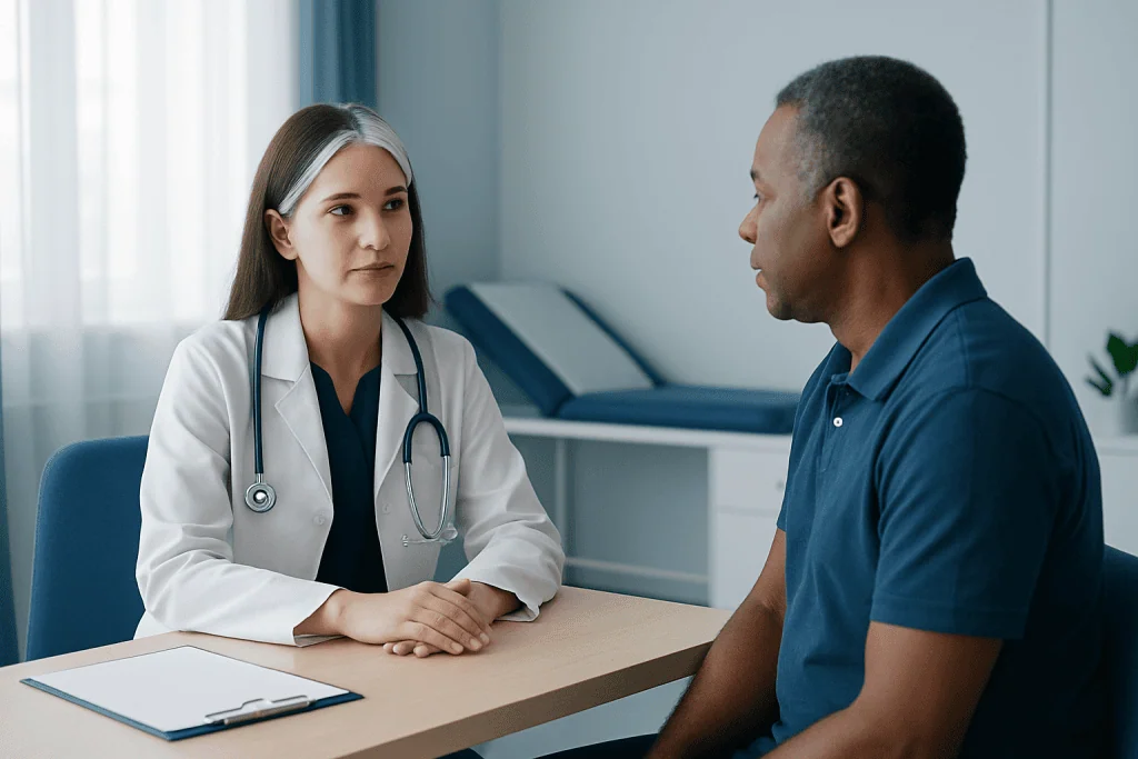 Doctor consulting with a patient in a medical office setting.