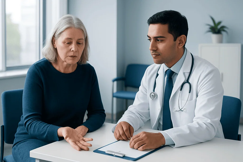 Doctor consulting with elderly woman in a medical office.