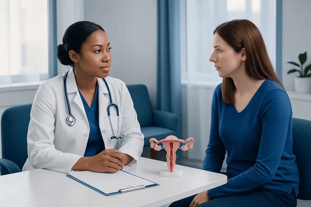 Doctor explaining uterine conditions to a patient in a consultation room.