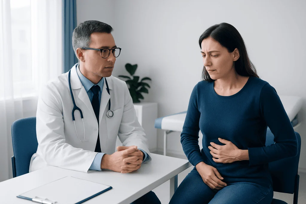 Doctor consulting with a woman patient about stomach pain in a clinic.