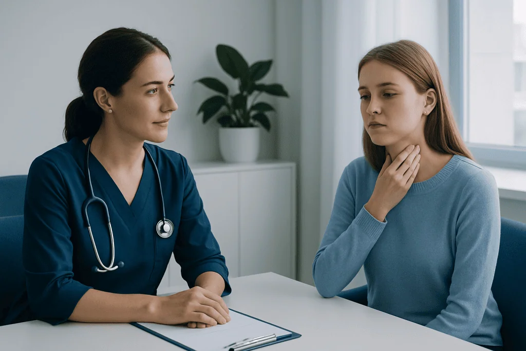 Doctor consulting with a young woman about tonsillitis symptoms.