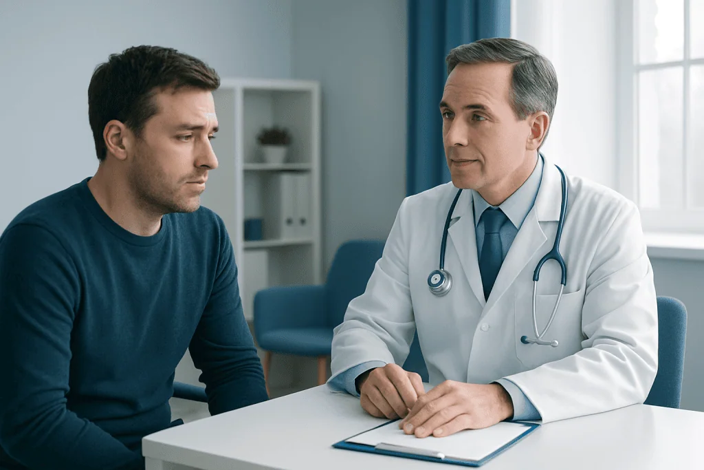 Doctor consulting with a patient about respiratory health in a clinic setting.