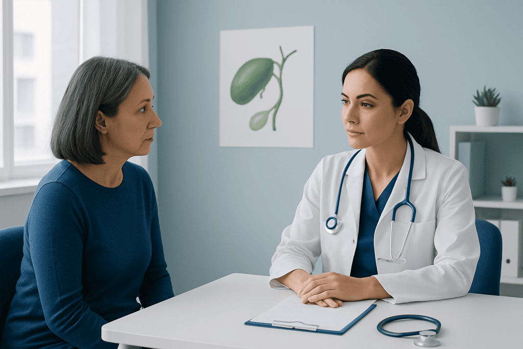 Doctor consulting with a patient about gallbladder health in a medical office.