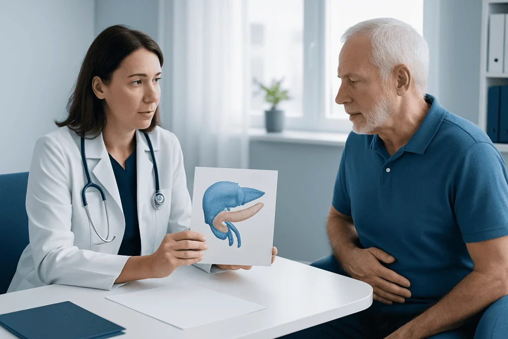 Doctor explains pancreas diagram to patient in a medical consultation.