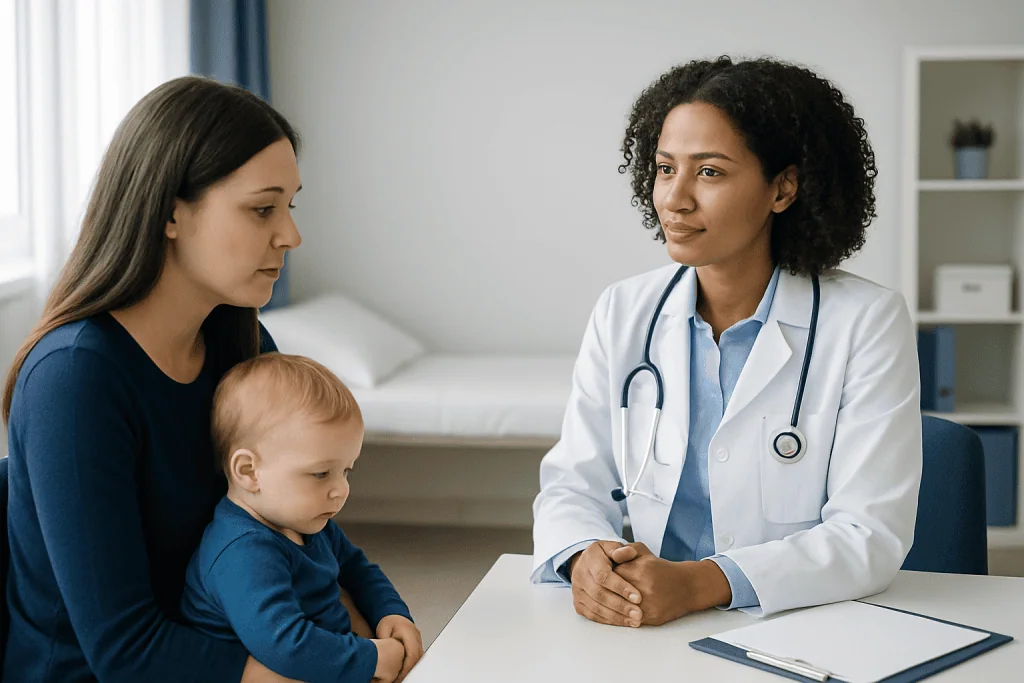 Doctor consulting with mother and child in a hospital setting.