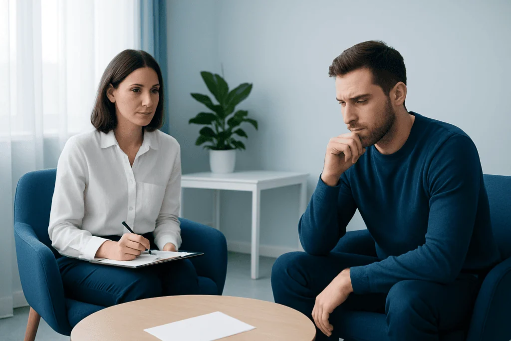 Therapist and patient in a counseling session discussing mental health.