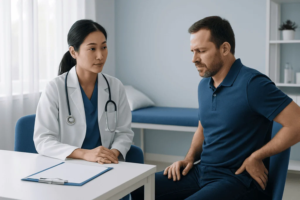 Doctor consulting male patient about anal fissure symptoms in clinic.