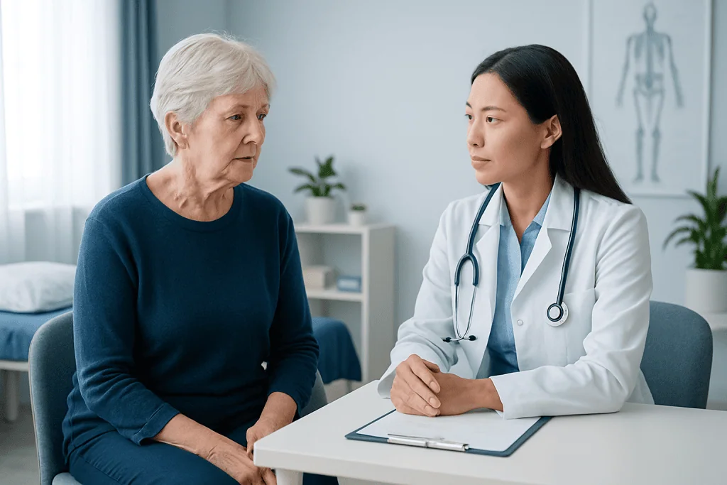 Doctor consulting with elderly female patient in a medical office.