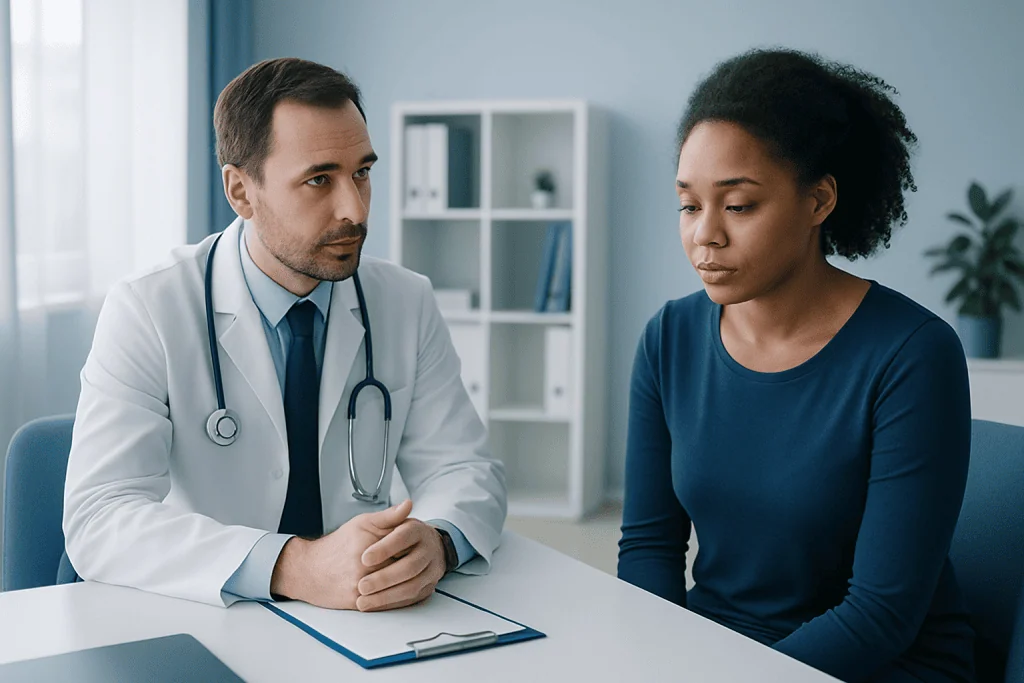Doctor consulting a patient about sleep paralysis symptoms in a clinic setting.