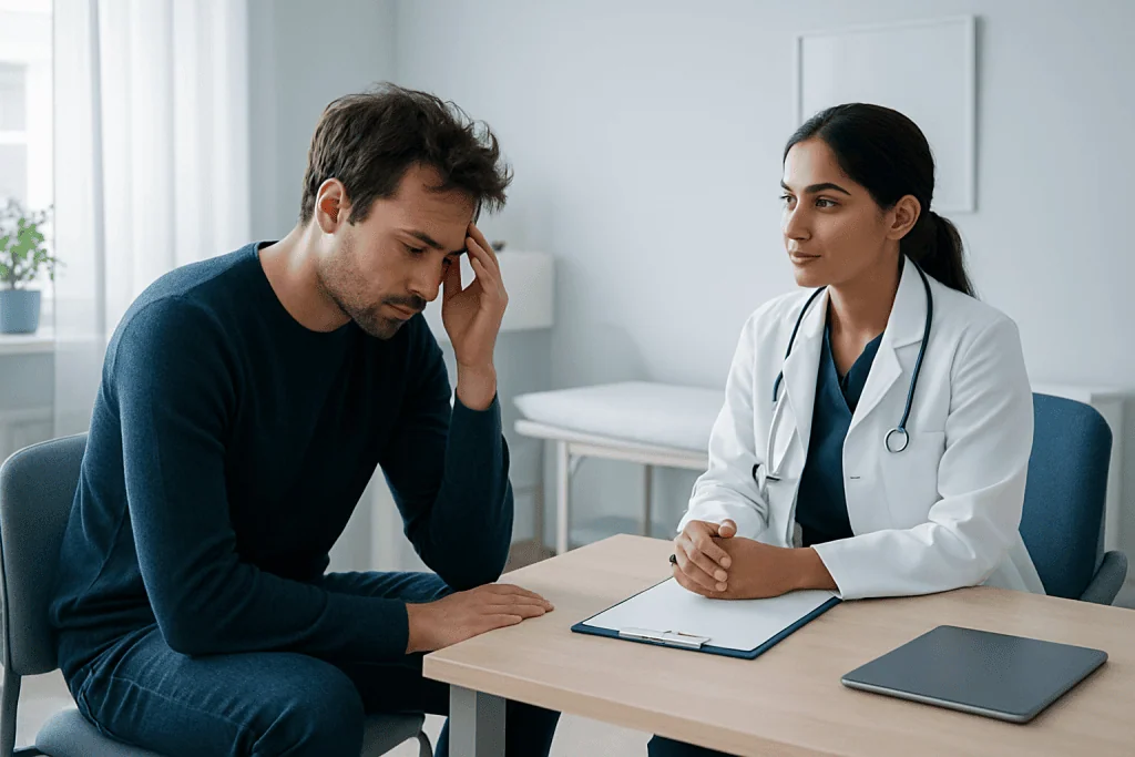 Patient consulting with doctor in a medical office setting.