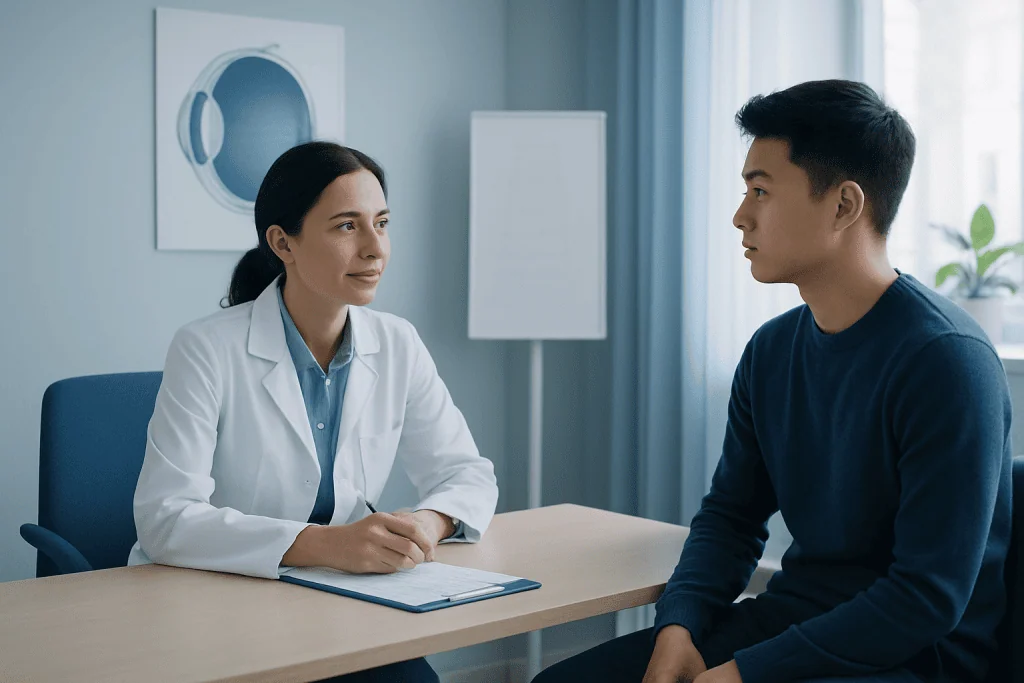 Doctor consulting with patient in a medical office setting.