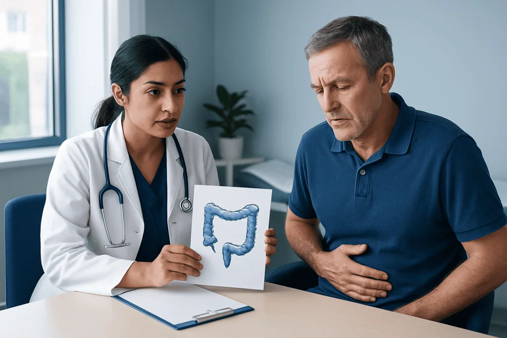 Doctor explaining colon illustration to patient in consultation room.