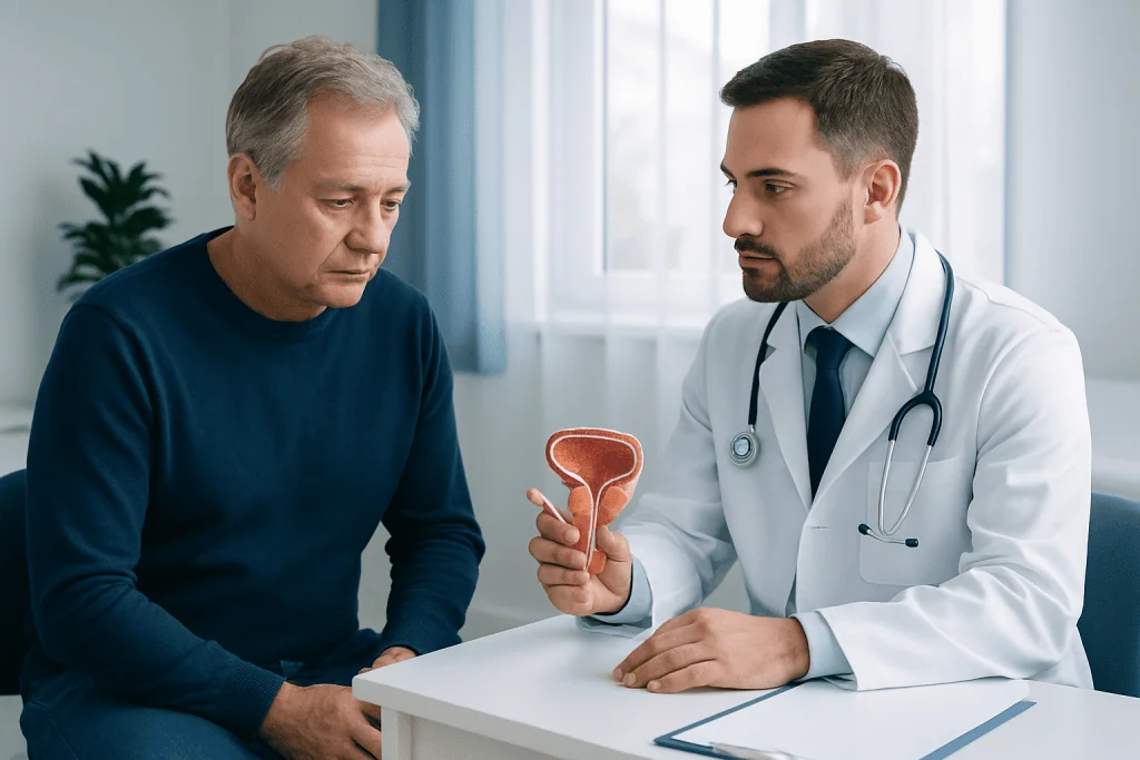 Urologist explaining prostate health to an older male patient.