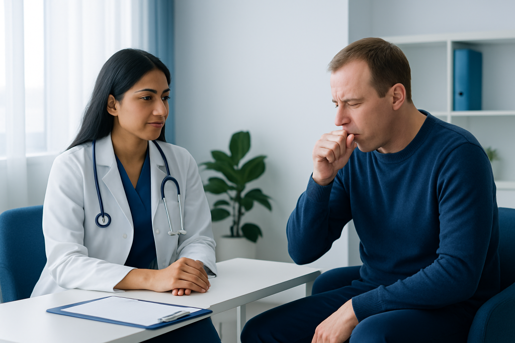 Doctor consulting with a patient about respiratory health in a clinic setting.