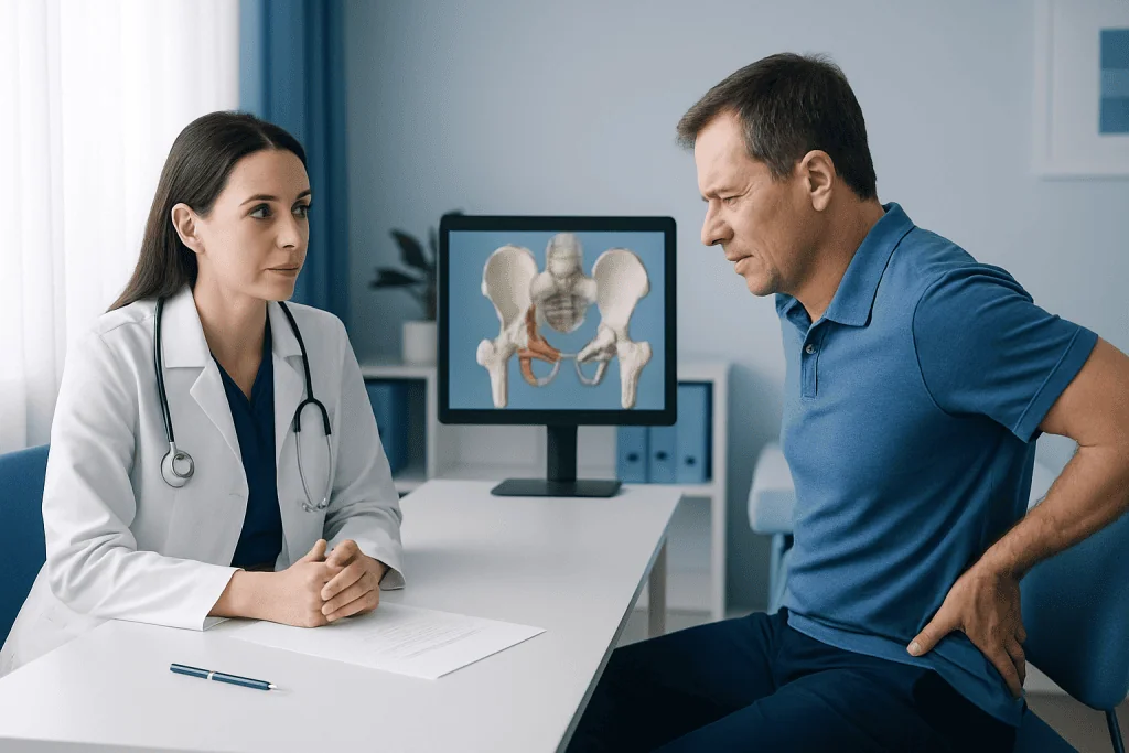 Doctor explaining piriformis syndrome to patient in consultation room.
