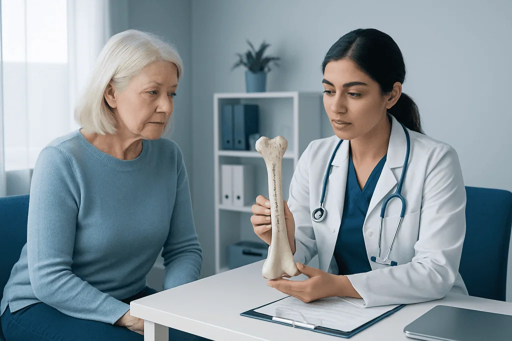 Doctor explaining osteoporosis to elderly woman with bone model in clinic.