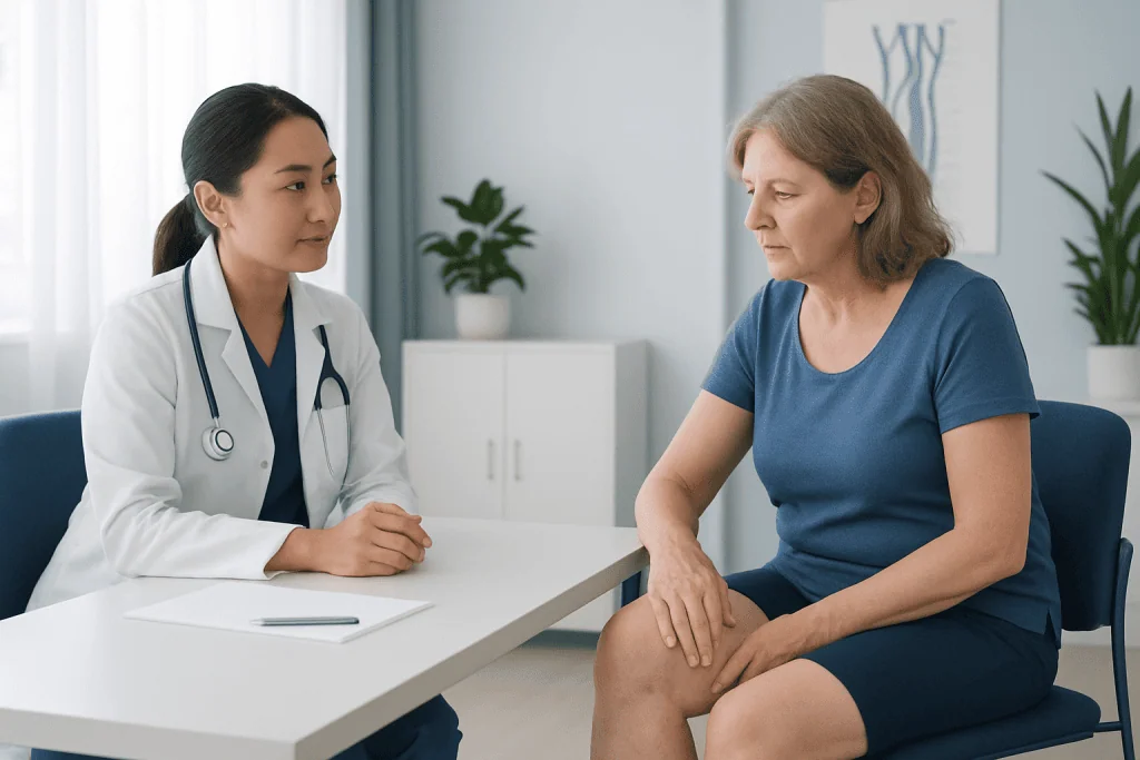 Doctor consulting with a patient about varicose veins treatment options.