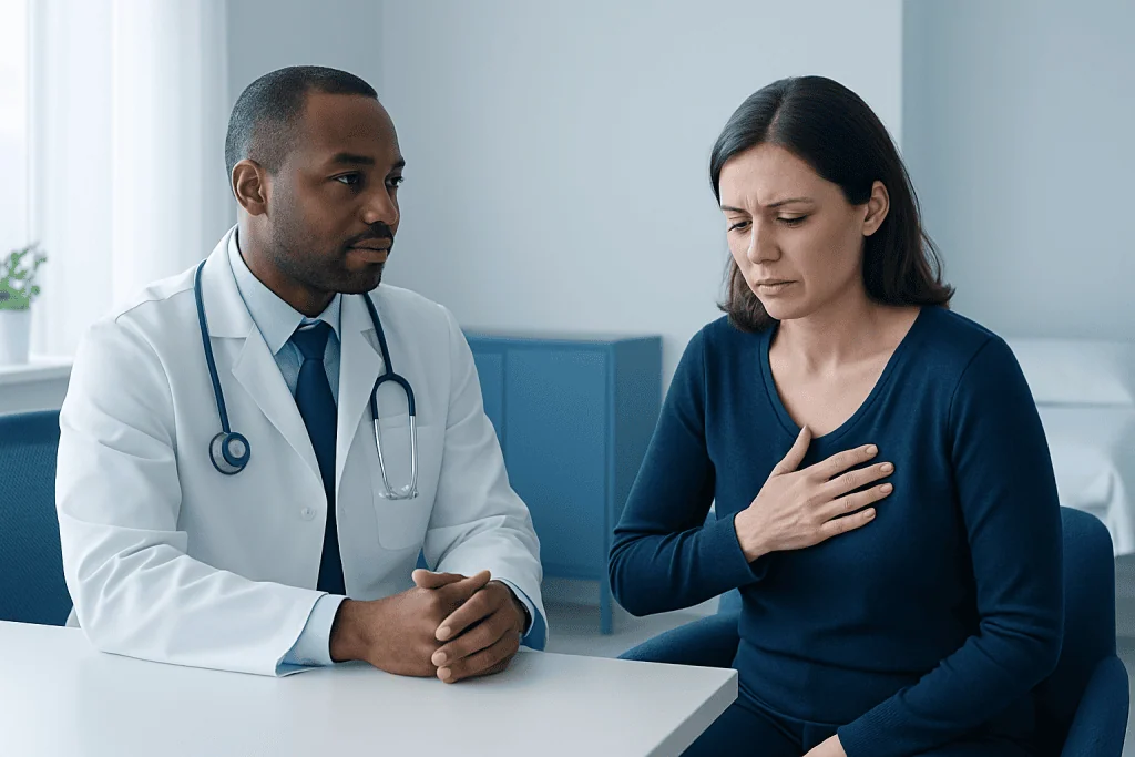Doctor consulting with a woman patient experiencing chest pain.