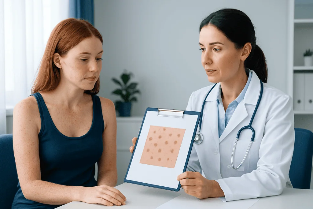 Dermatologist explaining skin freckles to a patient with a visual chart.
