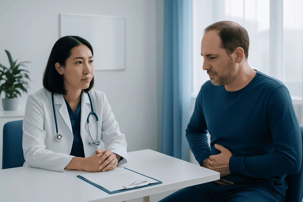 Doctor consulting with a male patient in a medical office setting.