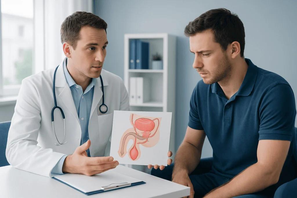 Urologist explaining male reproductive health to patient with anatomical model.