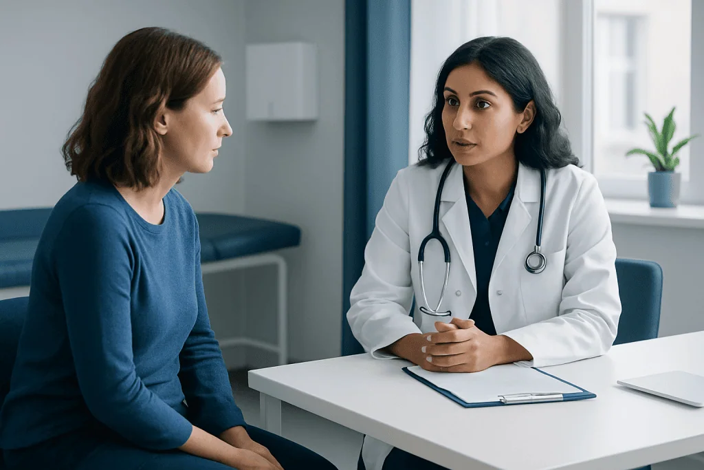 Doctor consulting with a female patient in a medical office setting.