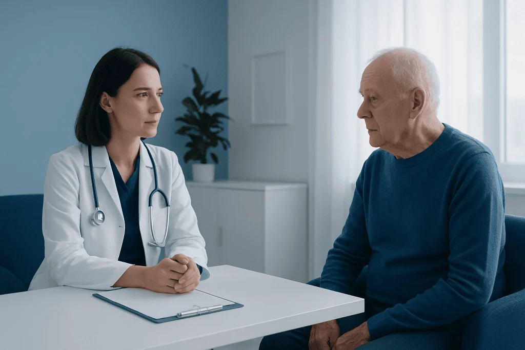 Doctor consulting elderly patient in a medical office setting.