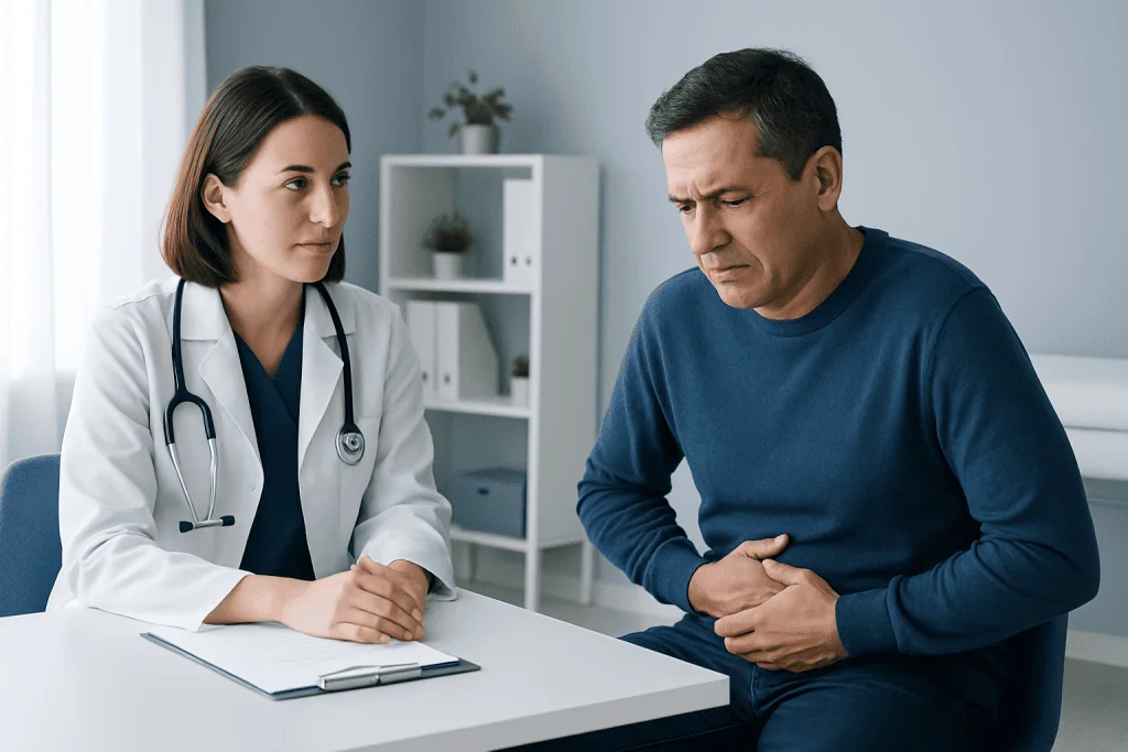 Doctor consulting a patient with stomach pain in a clinical setting.