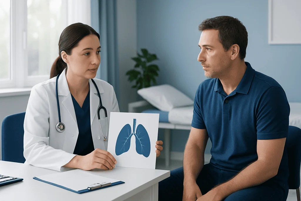 Doctor explaining lung health to patient during consultation at Acibadem Hospital.