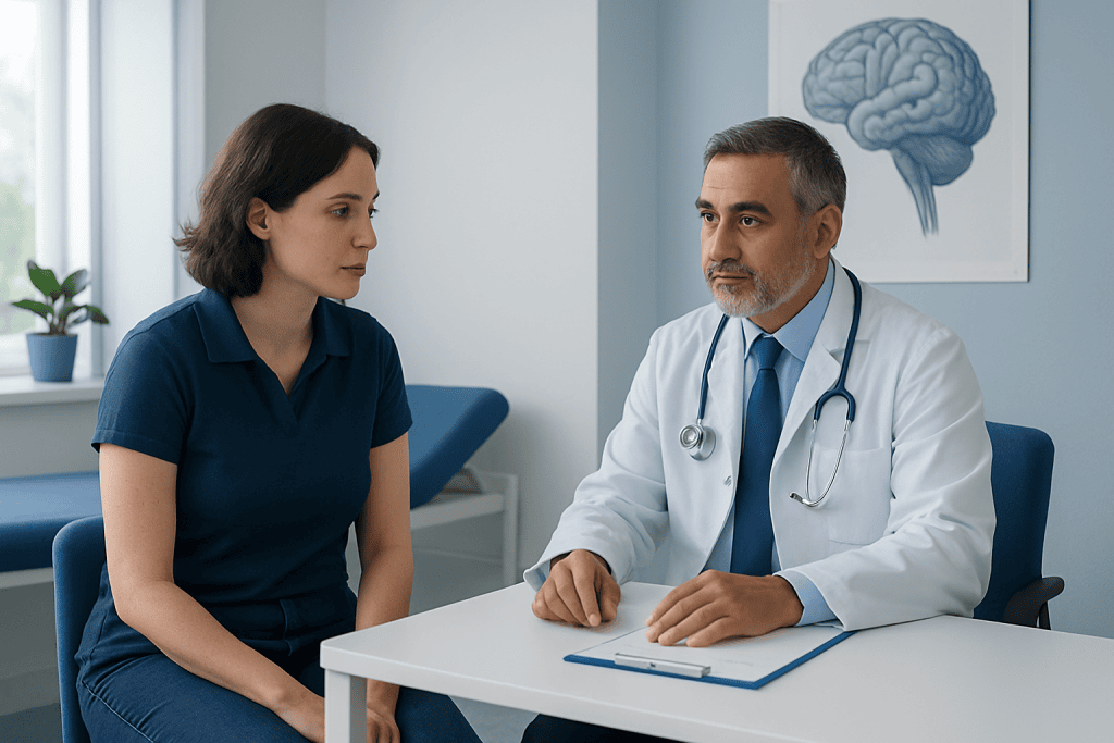 Doctor consulting with a patient in a medical office with brain diagram on the wall.